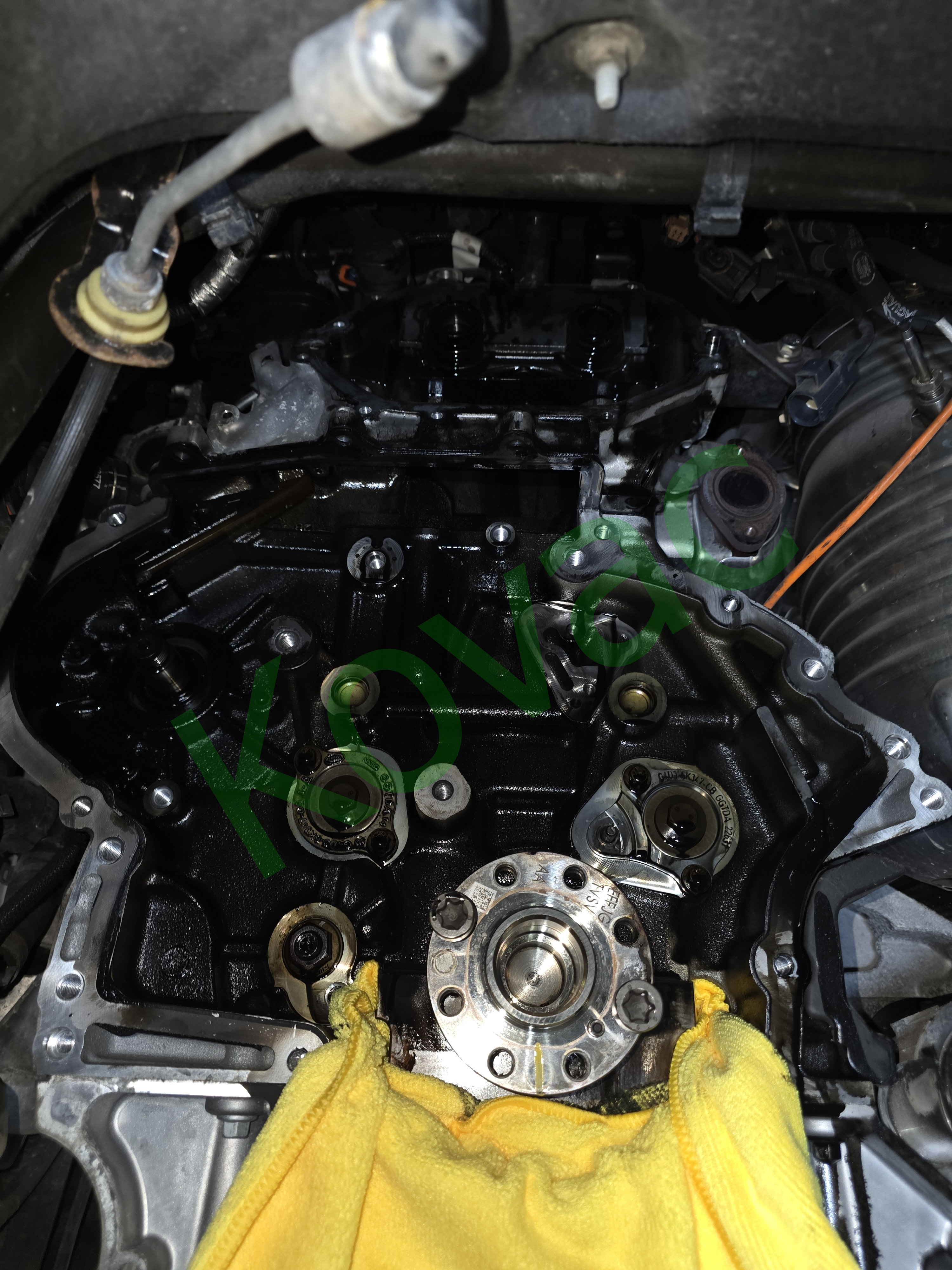 State of engine after timing cover removal before deep cleaning