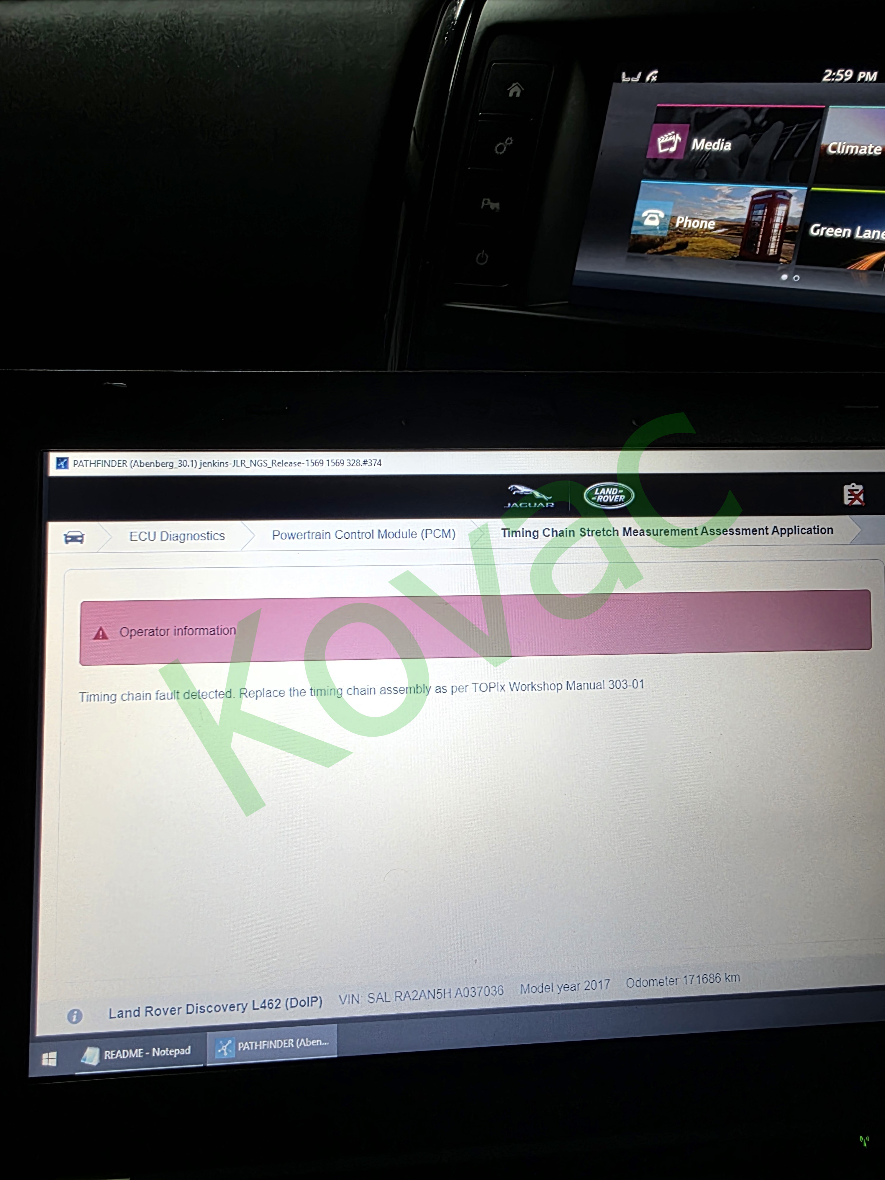 Official JLR timing chain stretch test showing chain fault detected